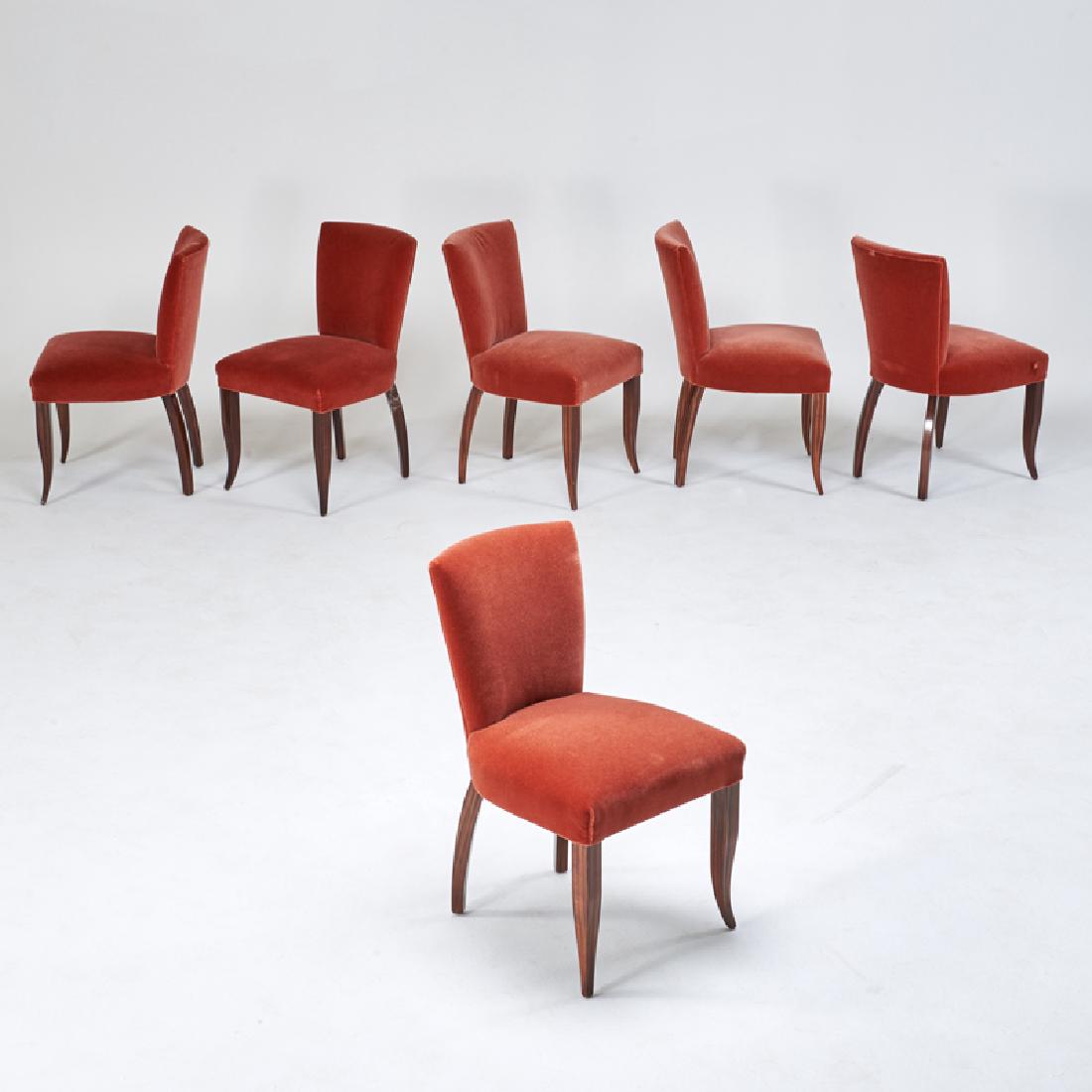 ART DECO STYLE: Six side chairs, ca. 1970s/80s; Painted wood, upholstery; Unmarked; 33" x 19 1/2" x 24"