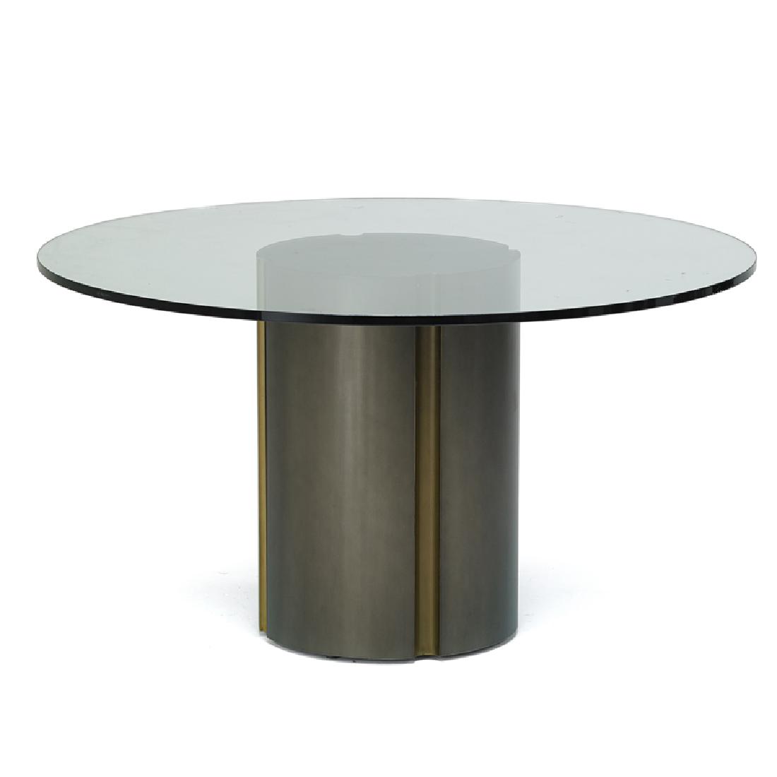 RON SEFF: Channeled dining table, New York, 2000s; Patinated brass, glass; Unmarked; 29 1/2" x 54" dia.