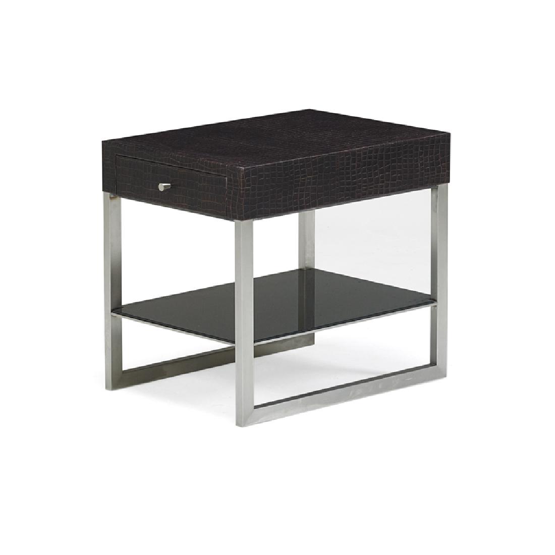 RON SEFF: Vector lamp/side table, New York, 2000s; Matte chromed steel, printed leather, black glass; Unmarked; 25" x 20 1/2" x 28"