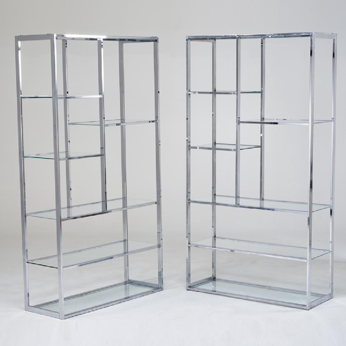 MILO BAUGHMAN (Attr.): Pair of etageres, USA, 1970s; Chromed steel, glass; Unmarked; 78" x 42" x 16"