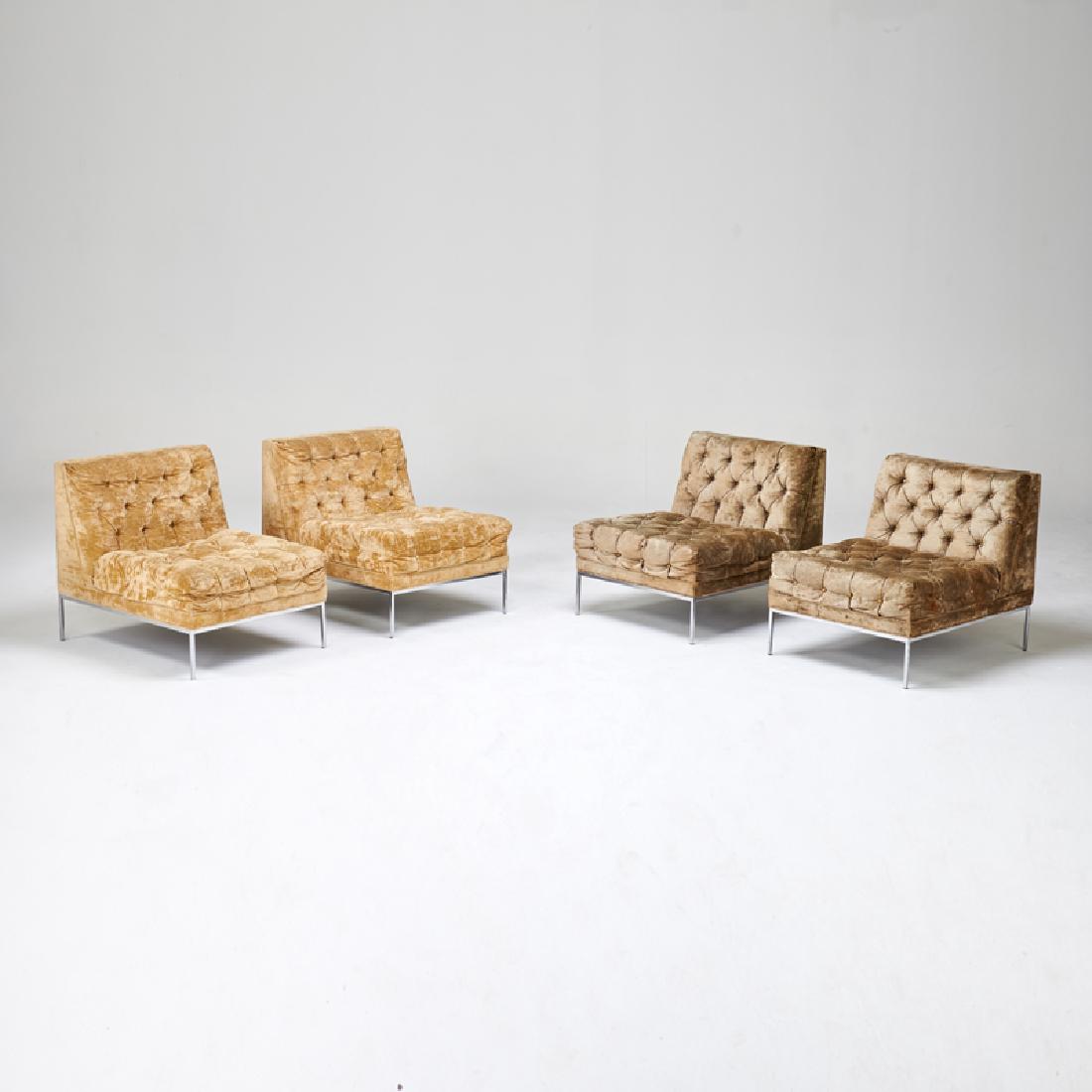STYLE OF MILO BAUGHMAN: Four lounge chairs, USA, 1970s; Chromed steel, tufted upholstery; Unmarked; 27" x 24" x 36"