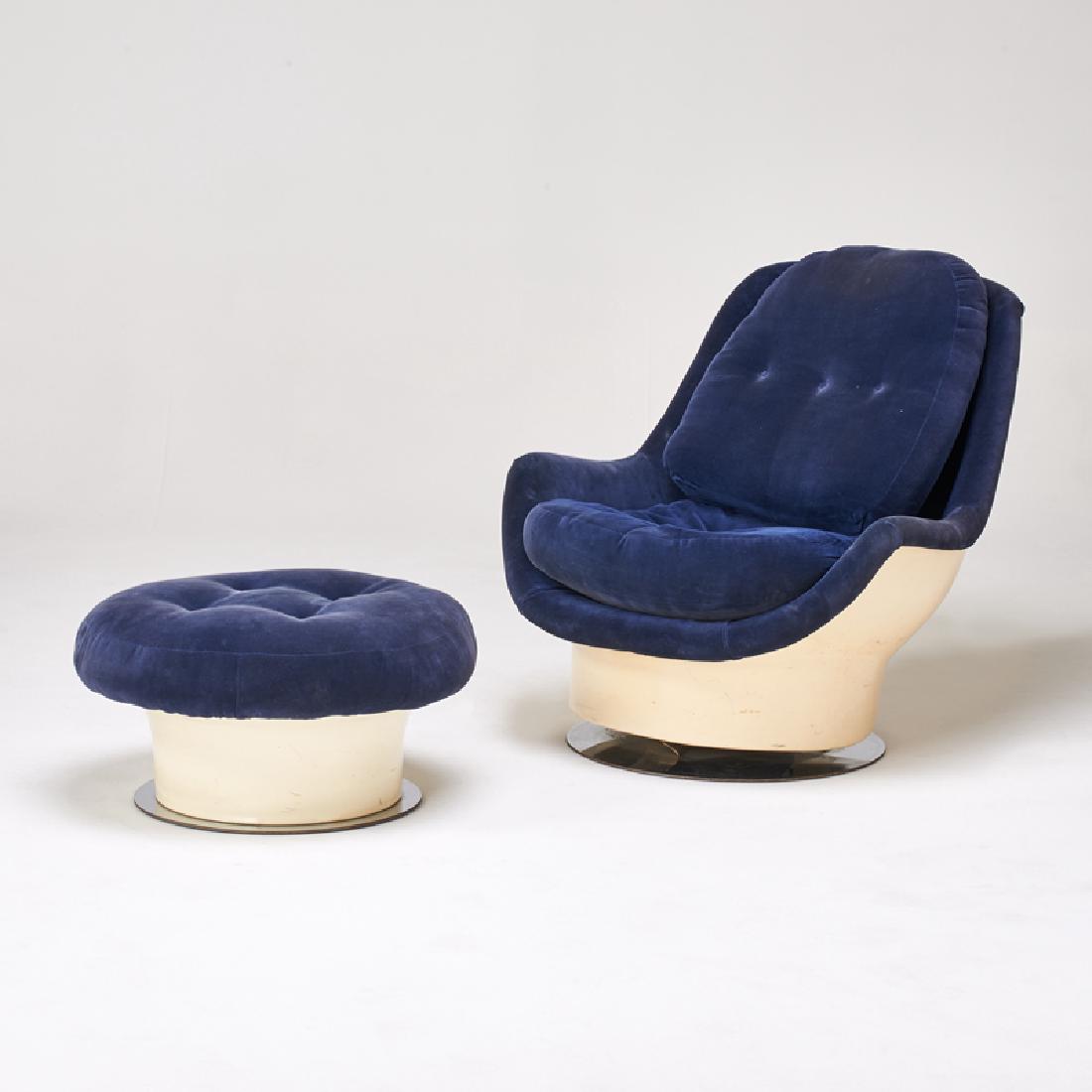 MILO BAUGHMAN; THAYER COGGIN: Lounge chair and ottoman, High Point, NC; Chromed metal, plastic, upholstery; Manufacturer labels to chair; Chair: 36" x 34" x 42", ottoman: 15" x 28" dia.