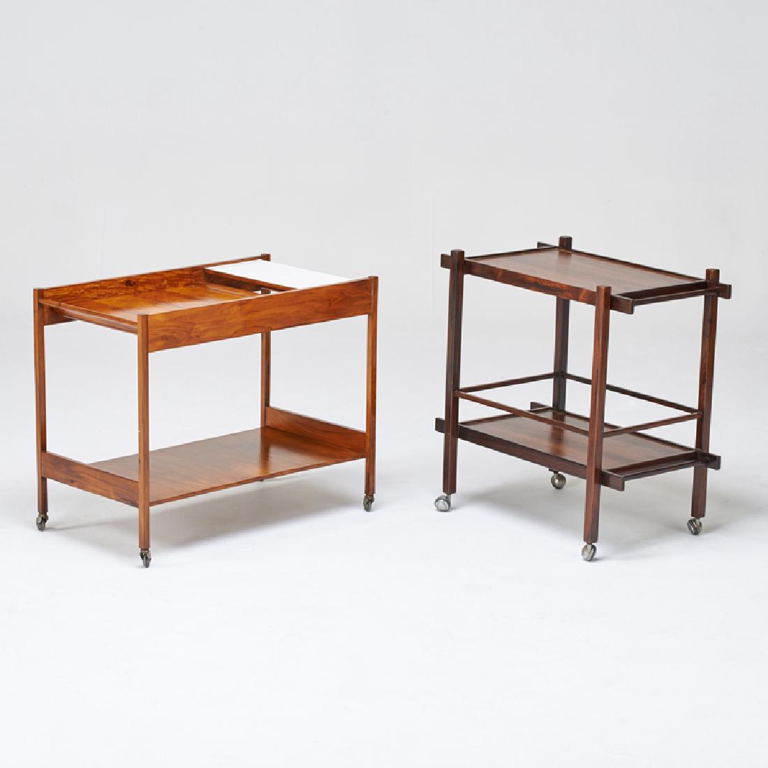 BRAZILIAN: Two bar carts, 1960s; Jacaranda, laminate, casters; Unmarked; Larger cart: 26" x 32" x 18"