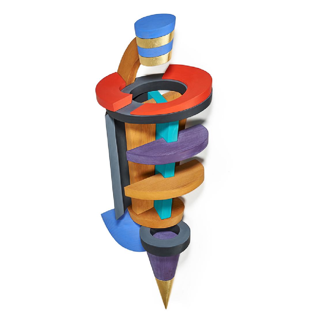 JOHN OKULICK (American, b. 1947): Painted wood and gold leaf; "Excelsior," 1993; Signed, titled and dated to verso; 43" x 20"; Provenance: Nancy Hoffman Gallery, New York; Note: Accompanied by exhibition catalog, "John Okulick: Transf