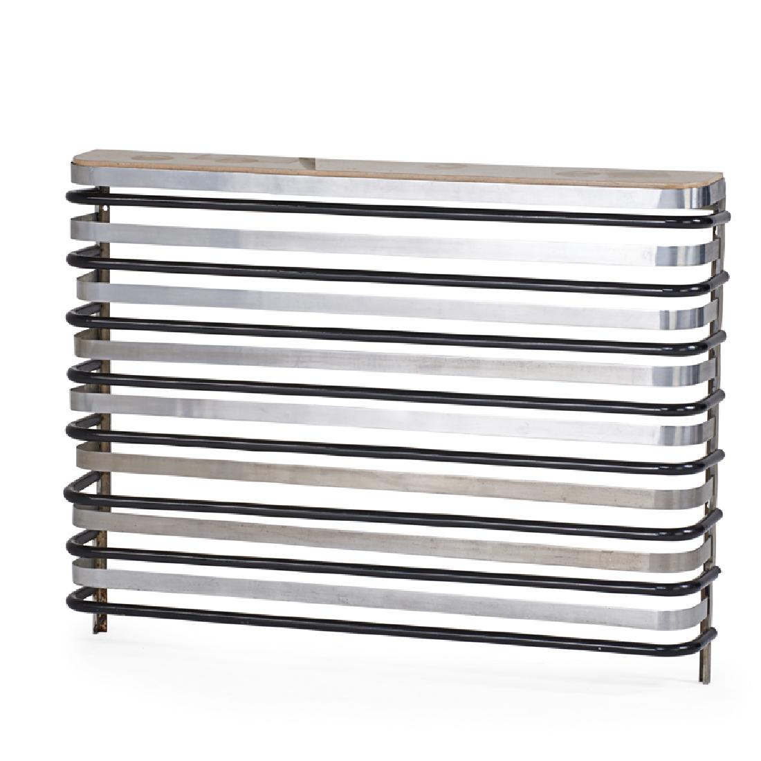ROBERT MALLET STEVENS (Attr.): Radiator cover, USA, 1930s; Enameled and brushed steel, marble; 40 1/2" x 53 1/2" x 9"
