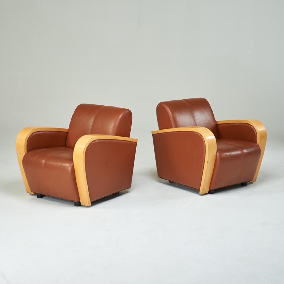ART DECO STYLE: Pair of club chairs, 1990s; Birch, leather; Unmarked; 31" x 28 1/2" x 31"