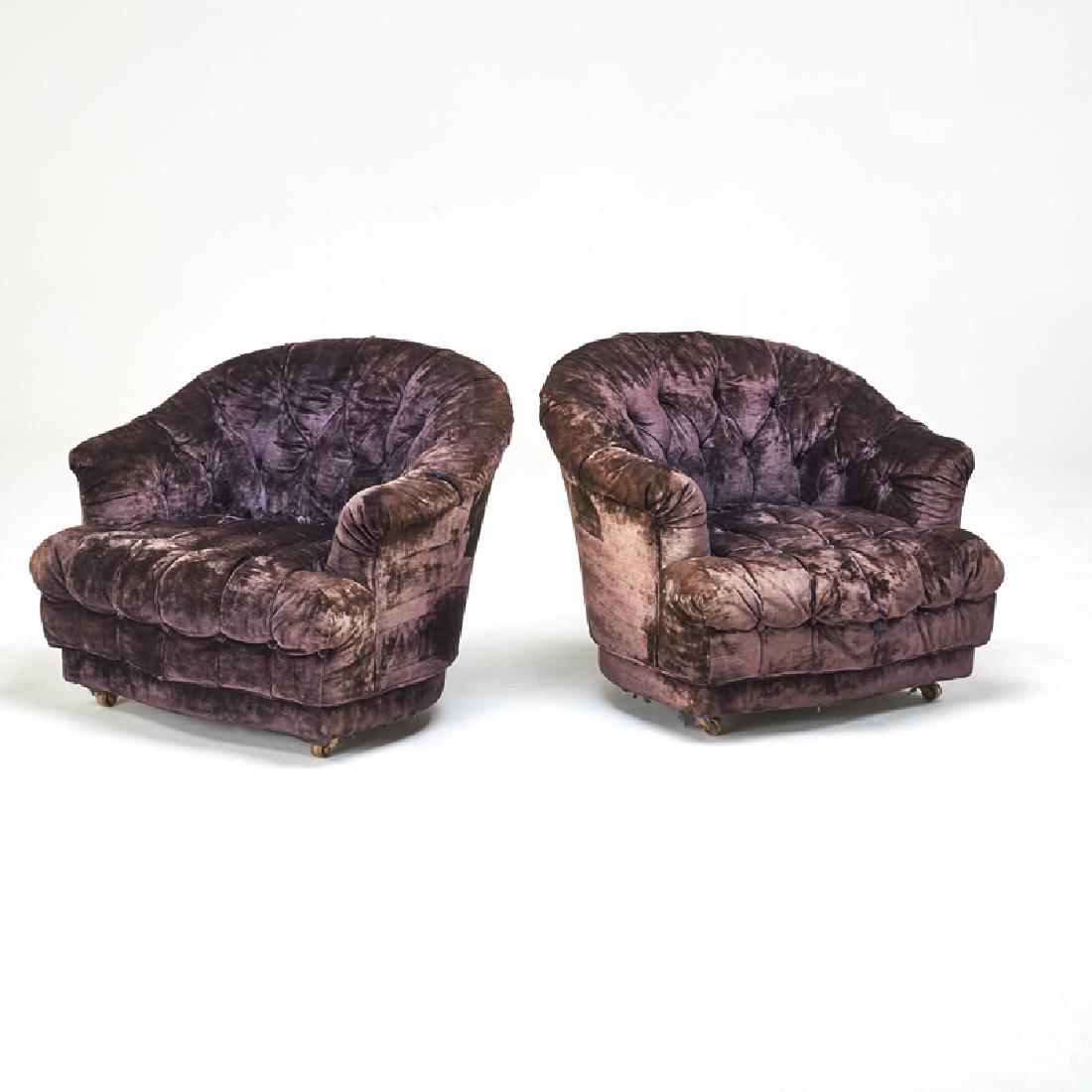 EDWARD WORMLEY; DUNBAR: Pair of diminutive tufted lounge chairs, Berne, IN, 1950s; Upholstery, casters; Unmarked; 29" x 35" x 32"