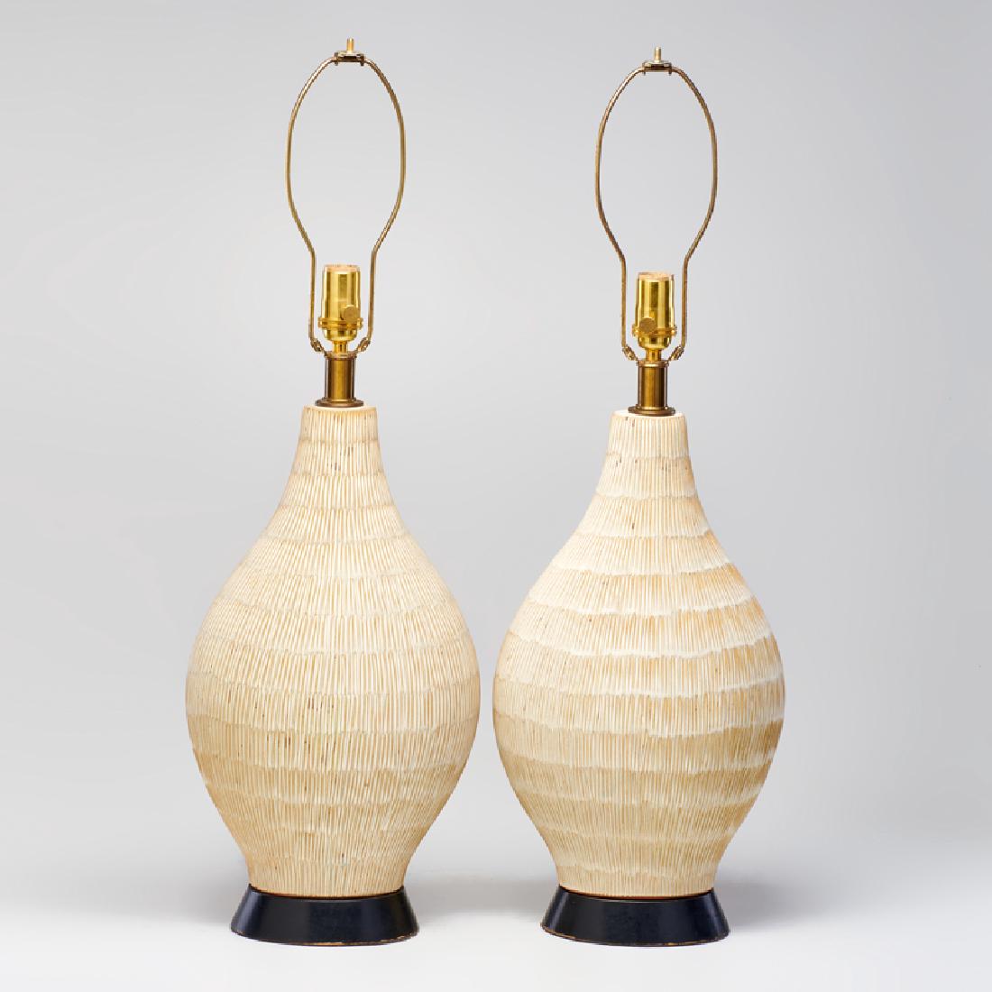 LEE ROSEN; DESIGN TECHNICS: Pair of glazed ceramic table lamps ribbed with sgraffito bands, USA, ca. 1950s; Enameled wood, brass fixtures; Unmarked; 30 1/2" x 9 1/2" x 6 1/2"