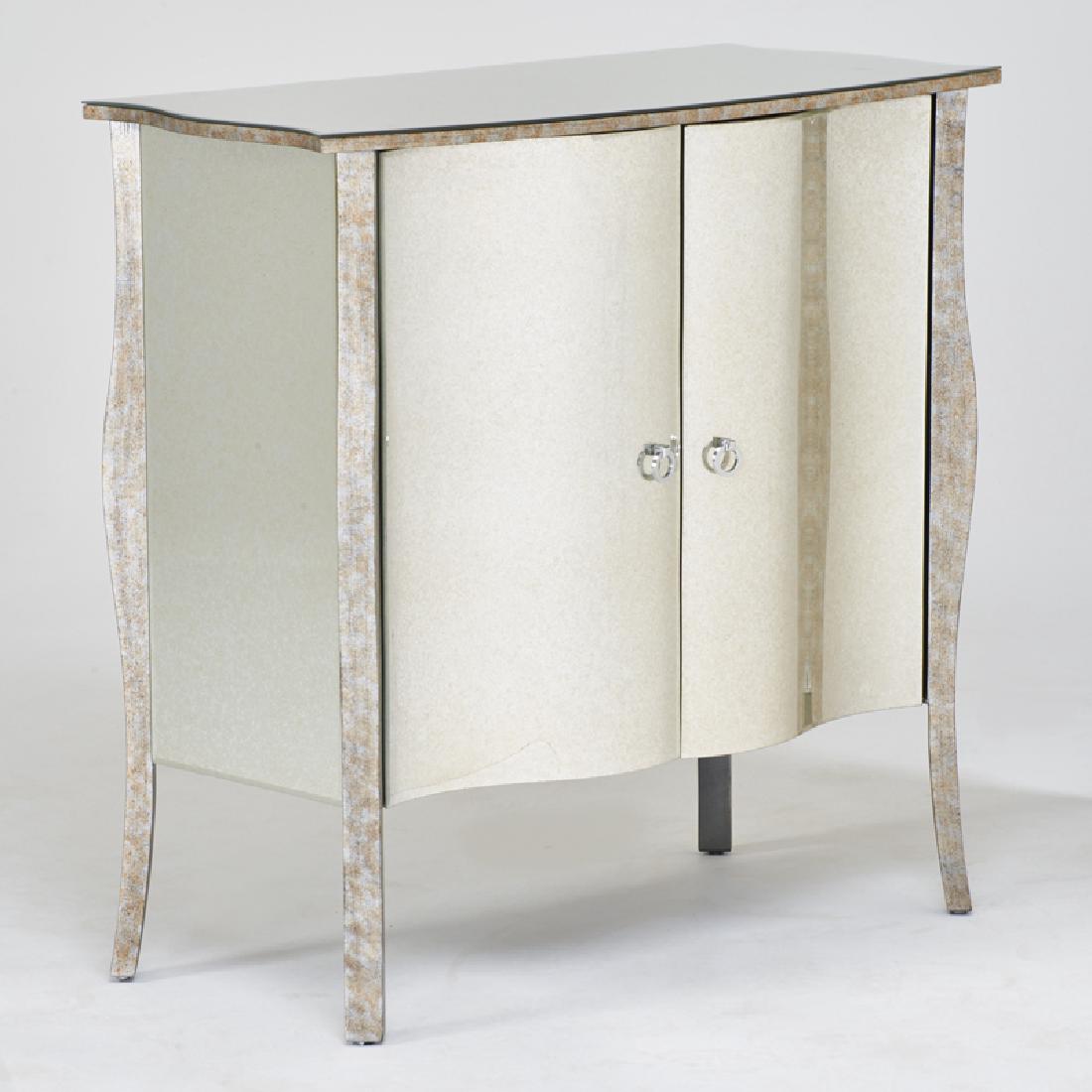 HOLLYWOOD REGENCY STYLE: Cabinet; Polychromed wood, antiqued mirrored glass, nickeled brass; Unmarked; 38 1/2" x 40" x 18"