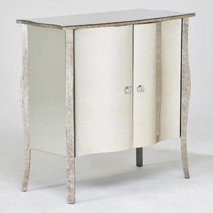 HOLLYWOOD REGENCY STYLE: Cabinet; Polychromed wood, antiqued mirrored glass, nickeled brass; Unmarked; 38 1/2" x 40" x 18"