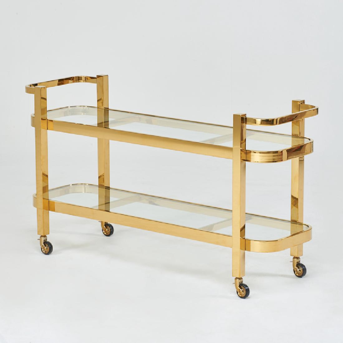 CONTEMPORARY: Long bar cart/console, 2000s; Brass, glass; Unmarked; 31" x 55" x 18 1/2"