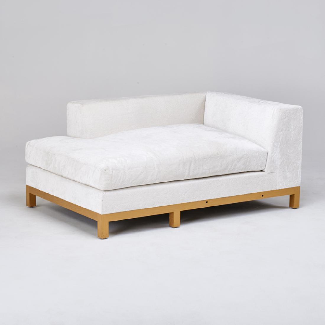CONTEMPORARY: Chaise, New York, 2000s; Gilt wood, upholstery; Unmarked; 28" x 64" x 43"; Custom made for Baccarat Hotel, NYC