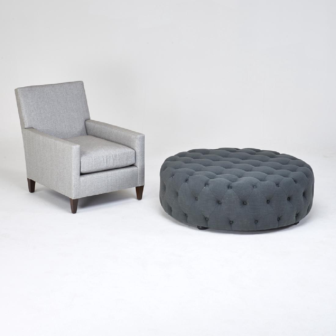 CONTEMPORARY: Two pieces: tufted pouf and similar club chair, New York, 2000s; Upholstery, stained hardwood; Unmarked; Pouf: 15" x 46" dia., armchair: 34" x 27" x 34"; Custom made for Baccarat Hotel, NYC