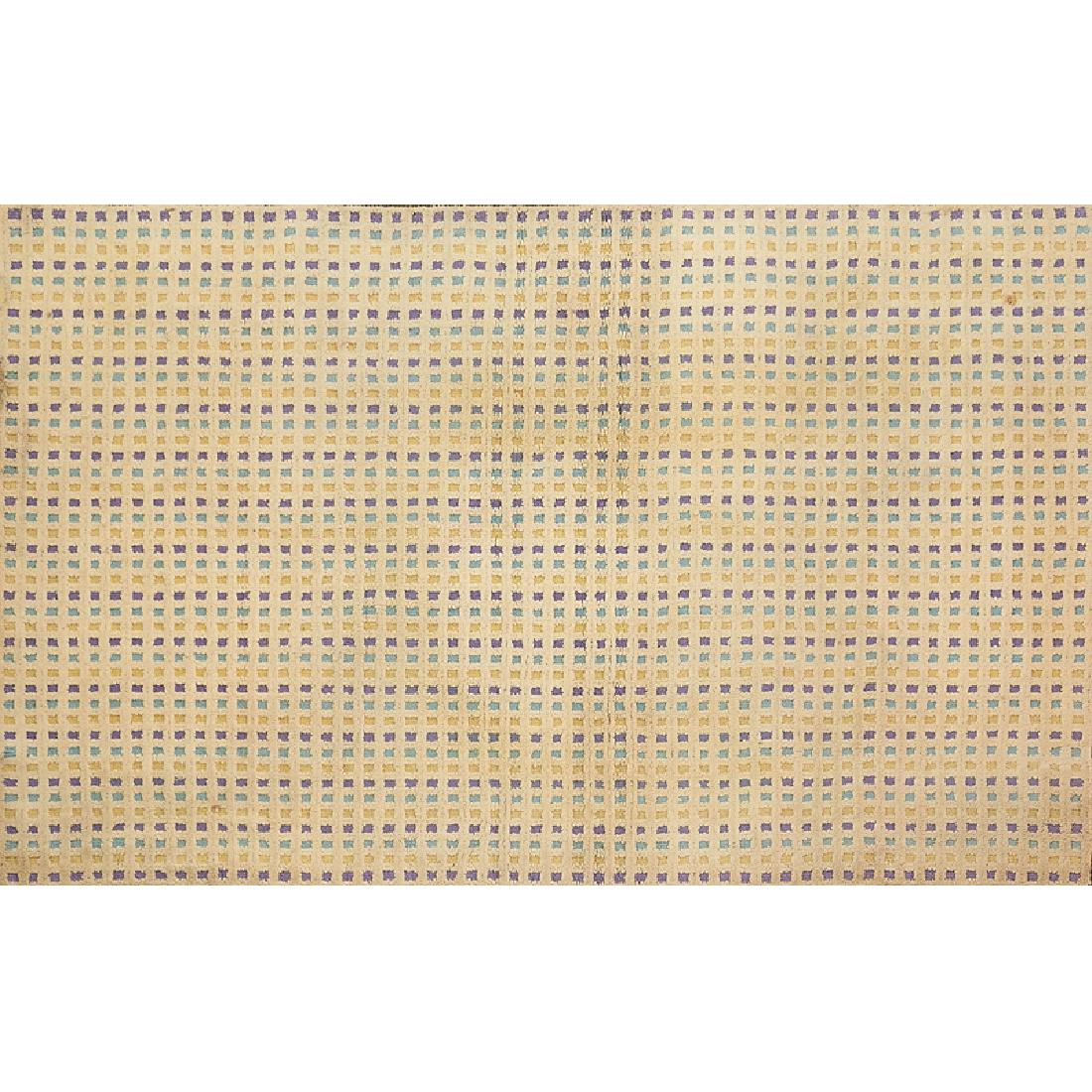 EDWARD FIELDS: Sculpted wool area rug with overall geometric pattern, New York, 1970s; Signed on the selvage; 105 1/2" x 68"