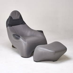 MARC SADLER; MOROSO: Lounge chair and ottoman, Italy, late 20th c.; Leather, hardened plastic; Lounge chair: 39" x 37" x 43", ottoman: 15" x 30" x 20"