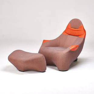 MARC SADLER; MOROSO: Lounge chair and ottoman; Leather, hardened plastic; Lounge chair: 39" x 37" x 43", ottoman: 15" x 30" x 20"