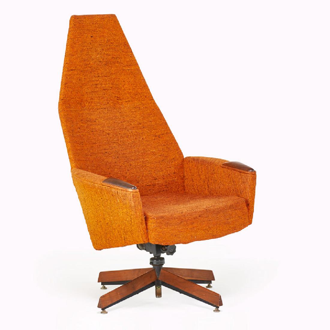 ADRIAN PEARSALL; CRAFT ASSOCIATES: Tall-back lounge chair, Wilkes-Barre, PA, 1960s; Walnut, enameled steel, upholstery; Upholstery label; 47" x 31" x 32"