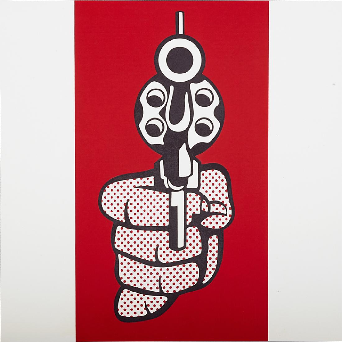 After Roy Lichtenstein (American, 1923-1997): Pistol, from Banner, Multiples Calendar for 1969, 1968; Screenprint in colors; Stamped name, titled and dated; From the edition of unknown size; 15 1/8" x 15 1/8" (sheet); Publisher: Multiples, Inc.,