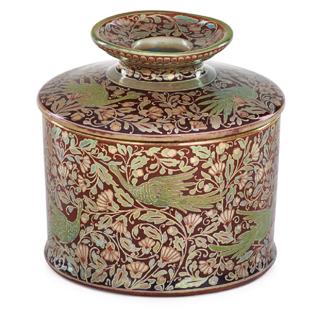 ZSOLNAY Hair receiver w/ pheasants, eosin glaze (1 of 3)