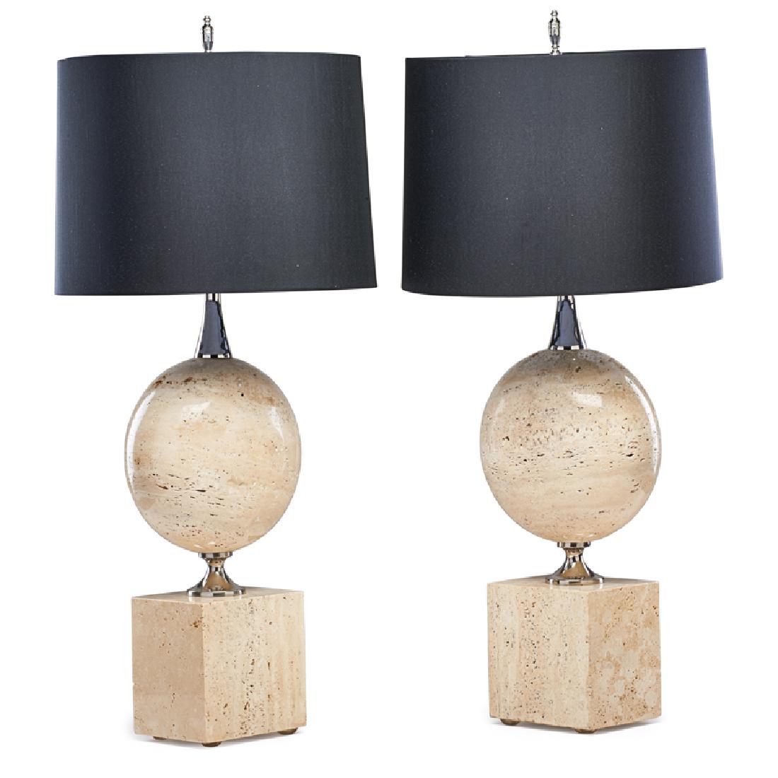 PHILIPPE BARBIER (Attr.) Pair of table lamps: PHILIPPE BARBIER (Attr.) Pair of table lamps, France, mid-20th C. Travertine, nickeled brass, single sockets Unmarked Overall: 31" x 14" ea.