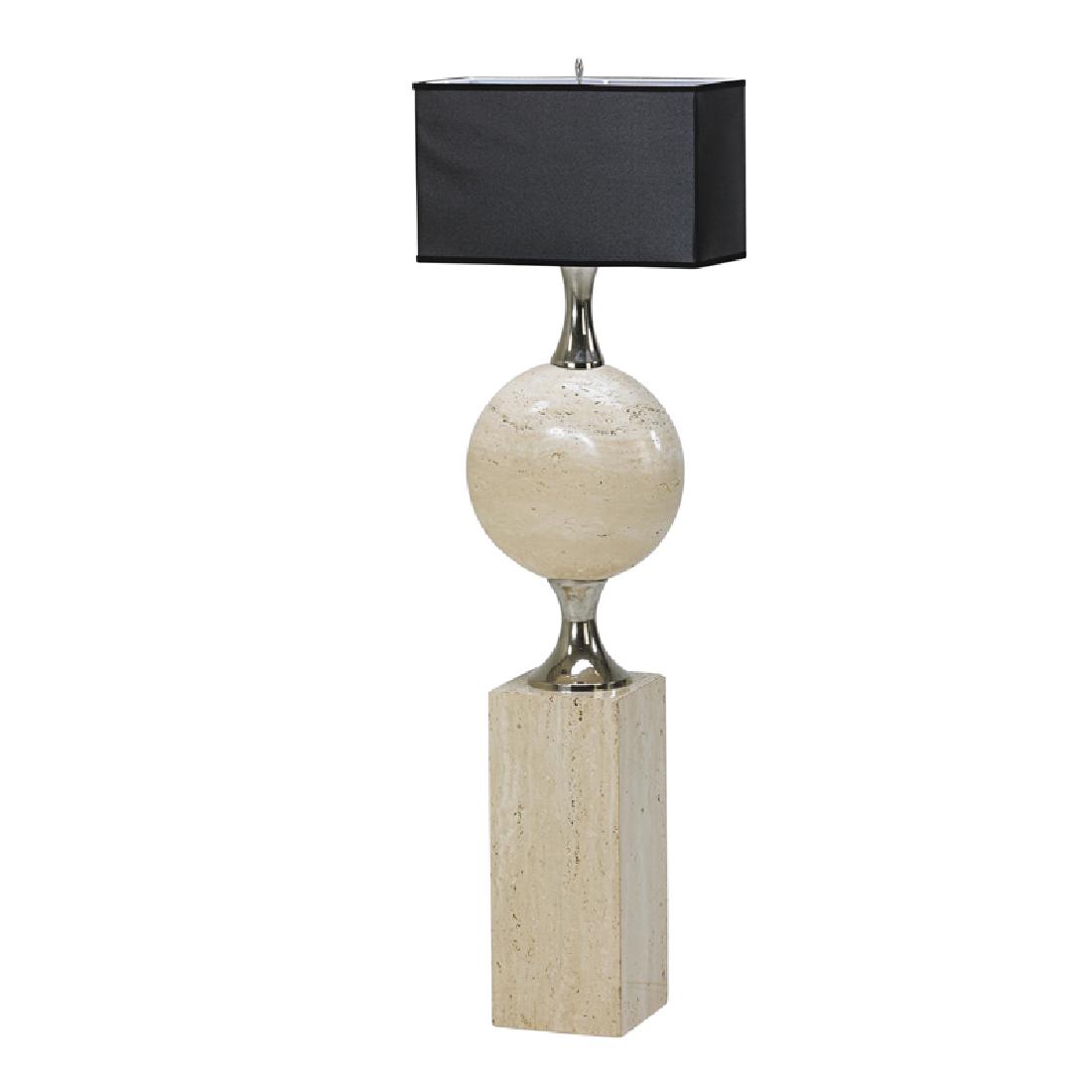PHILIPPE BARBIER (Attr.) Floor lamp: PHILIPPE BARBIER (Attr.) Floor lamp, France, 1970s Travertine, nickeled brass, linen shade, two sockets Unmarked Base only, to finial: 55 1/2" x 8" sq.