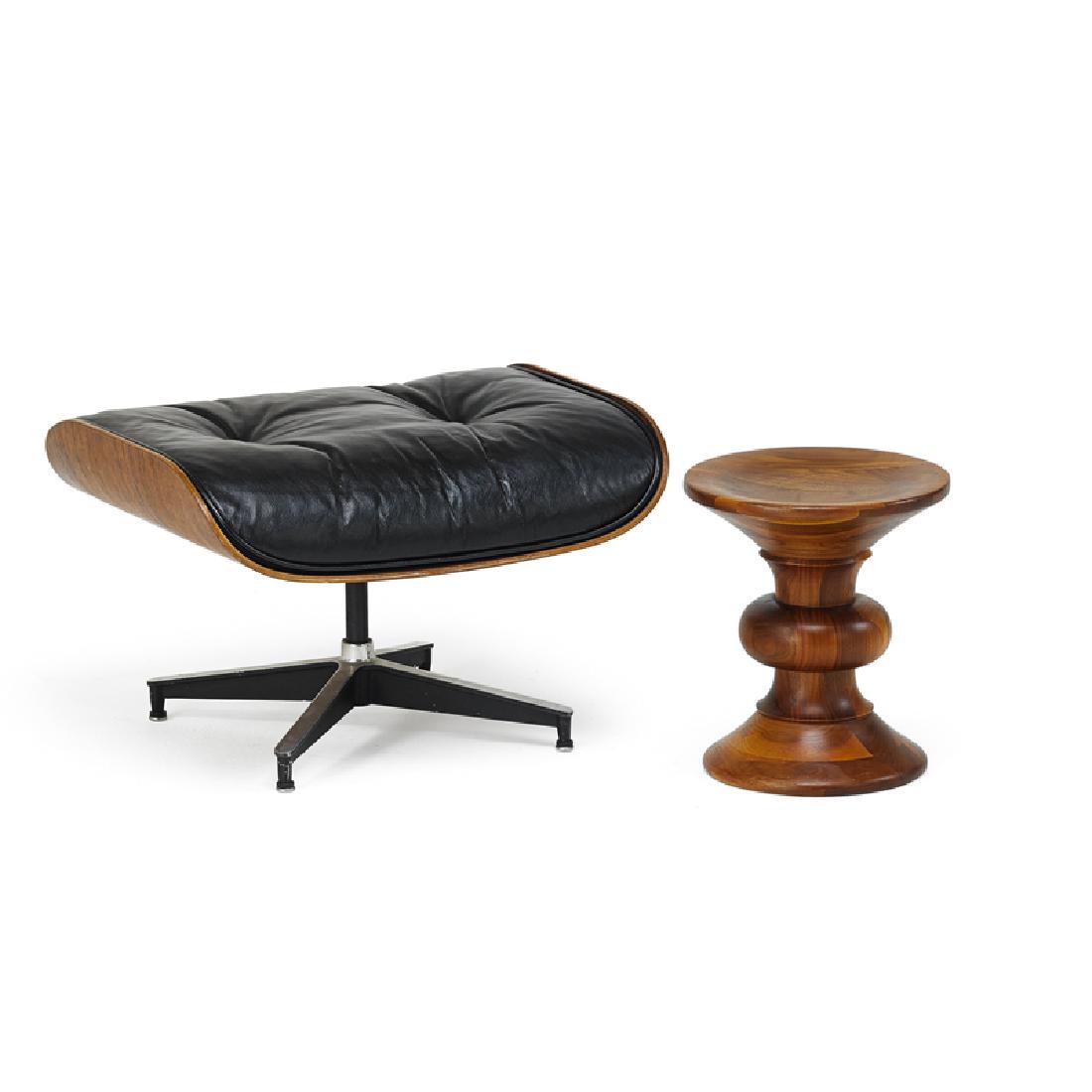 CHARLES AND RAY EAMES Ottoman and stool: CHARLES EAMES (1907 - 1978) RAY EAMES (1912 - 1988) HERMAN MILLER Ottoman (no. 671) and Time Life stool, Zeeland, MI, 1960s Polished and enameled aluminum, rosewood, leather, laminated and turned waln