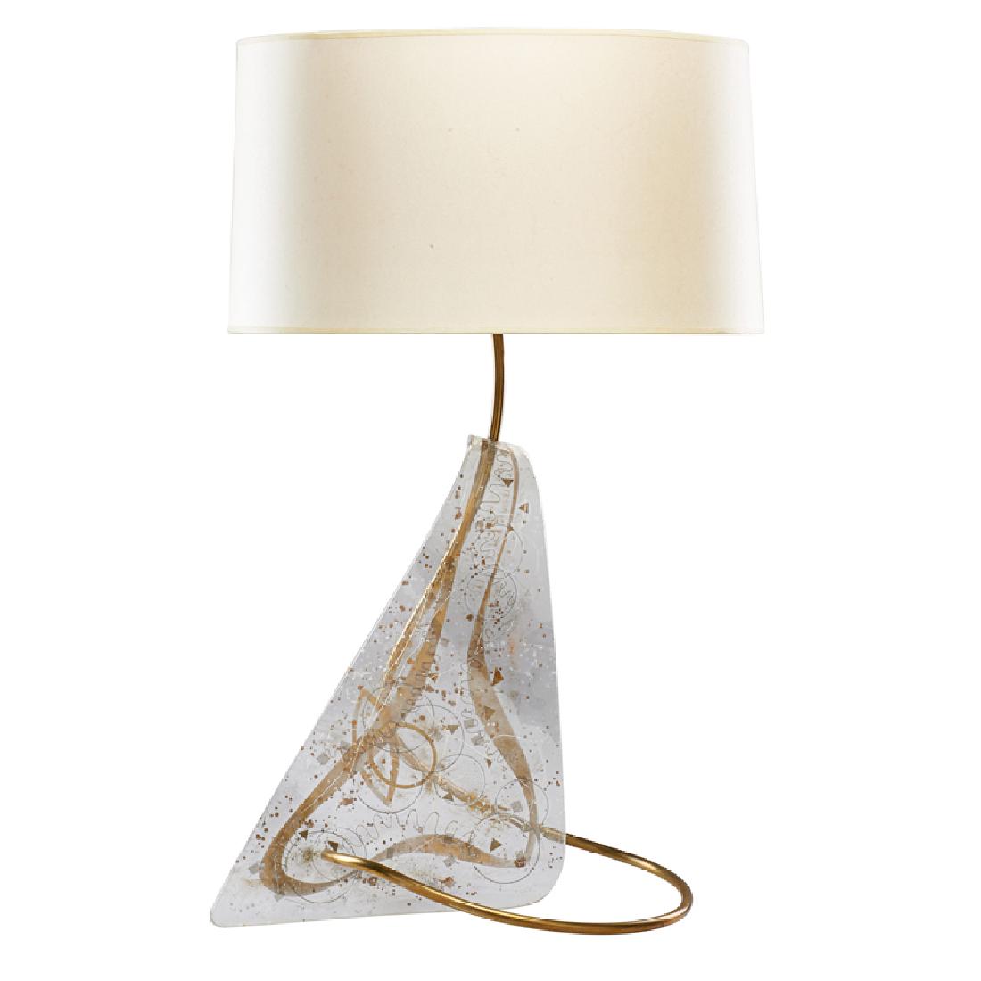 ZAHARA SCHATZ Table lamp: ZAHARA SCHATZ (1916 - 1999) Table lamp, USA, 1950s Acrylic, brass, copper, paper, single socket Unmarked 28" x 17"