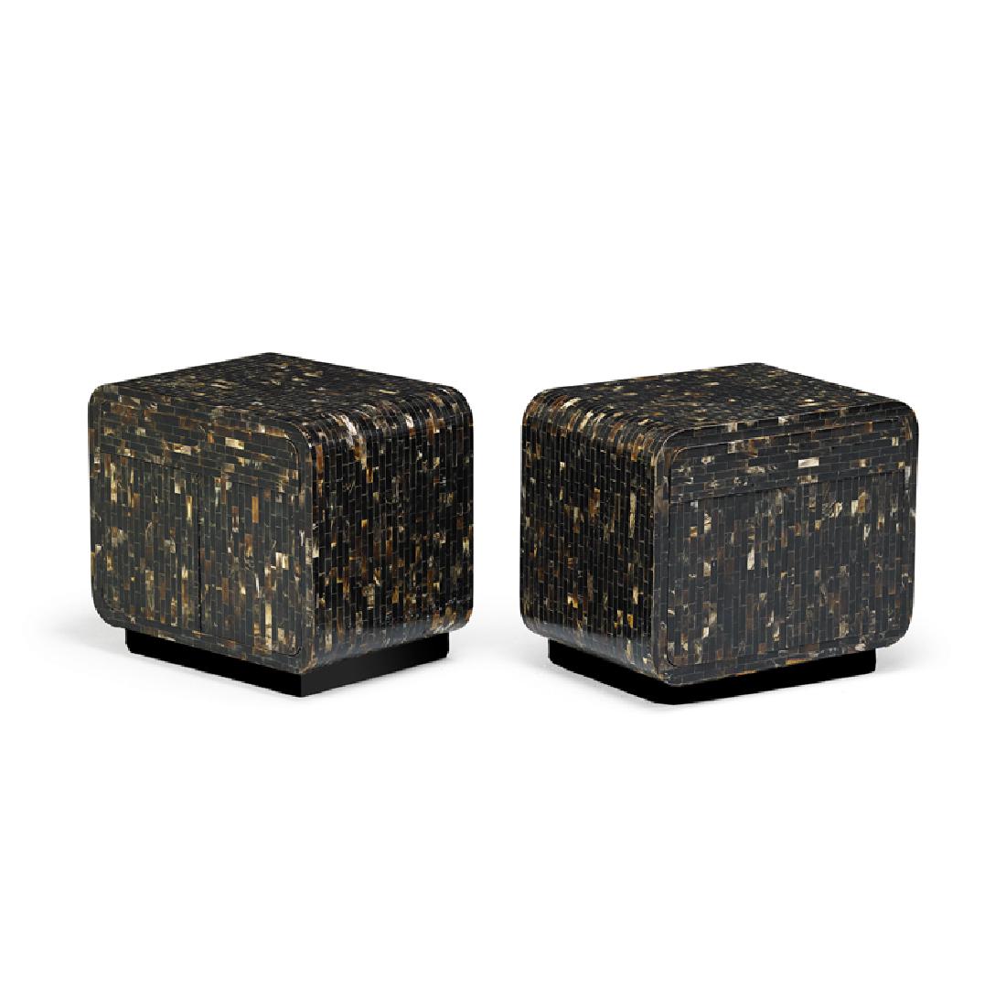 ENRIQUE GARCEL Pair of nightstands: ENRIQUE GARCEL Pair of nightstands, Colombia, 1970s Lacquered horn Signed Made in Colombia 20" x 23" x 16"