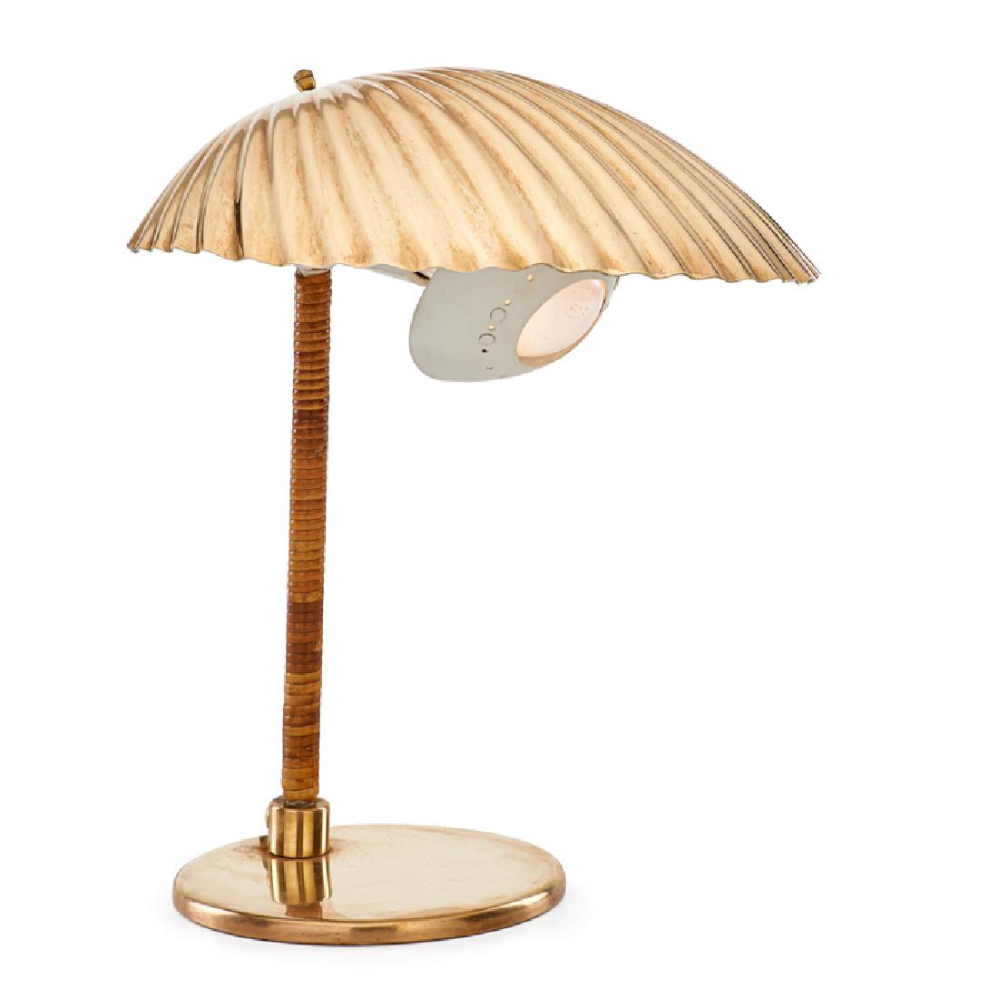 PAAVO TYNELL Table lamp: PAAVO TYNELL (1890 - 1973) TAITO OY Table lamp, Finland, 1940s Brass, enameled brass, rattan, single socket Unmarked 12 1/2" x 11"
