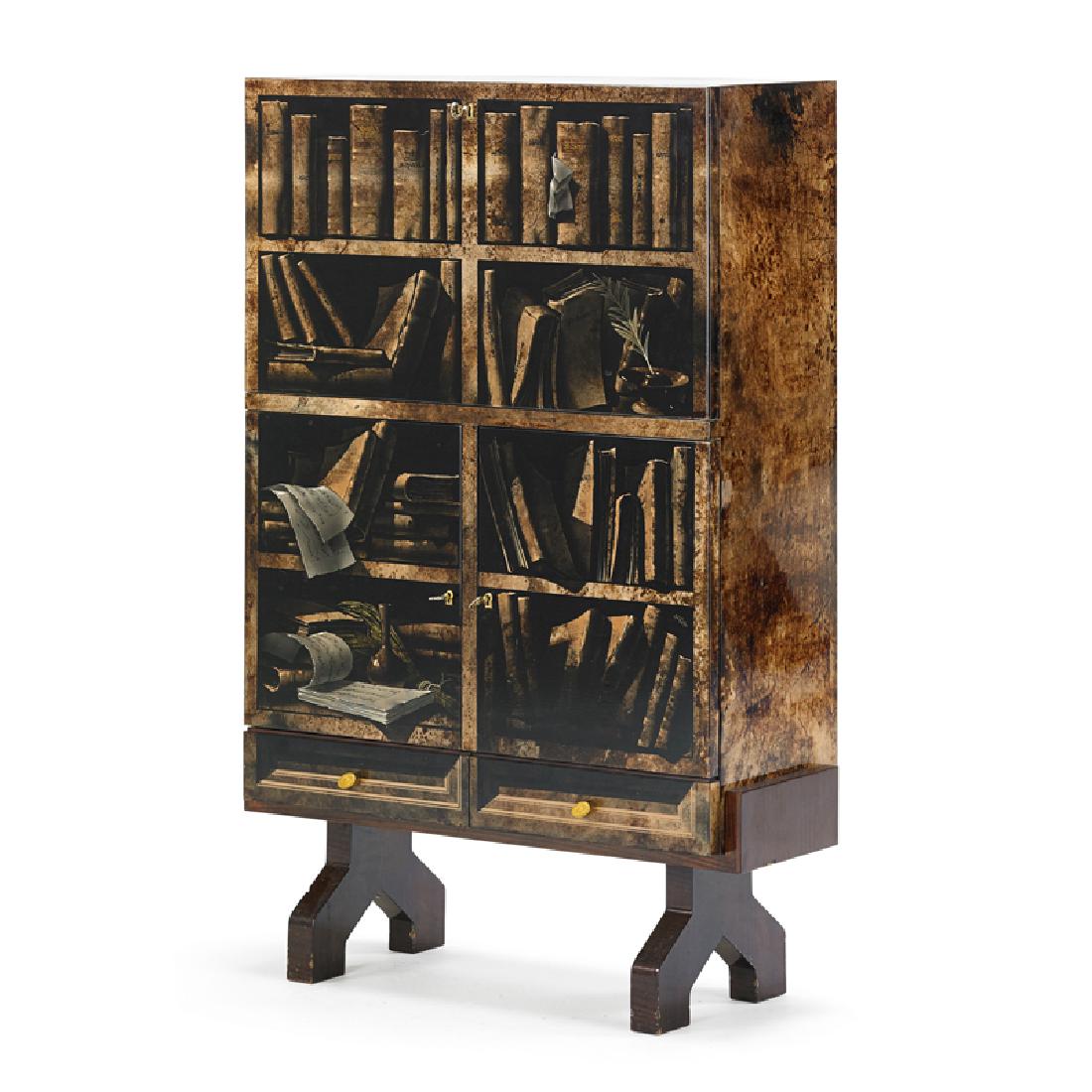 GIORGIO TURA Illuminated bar cabinet: GIORGIO TURA Illuminated bar cabinet, Italy, 1960s-70s Painted and lacquered parchment, mahogany, gilt metal Unmarked 51 3/4" x 33 1/2" x 13 1/2"