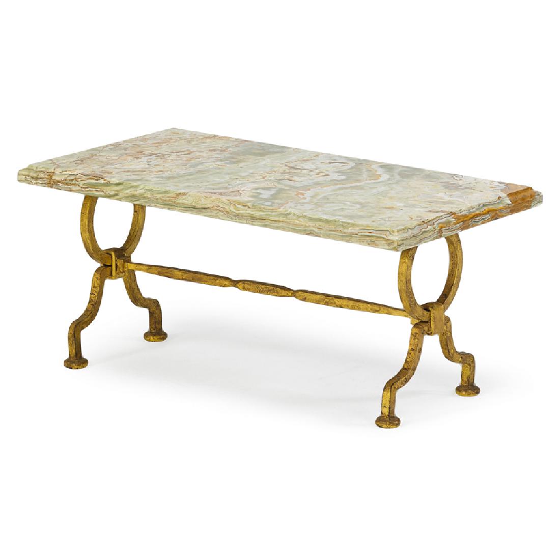 STYLE OF GILBERT POILLERAT Coffee table: STYLE OF GILBERT POILLERAT Coffee table, mid-20th C. Gilt wrought iron, onyx Unmarked 17" x 37" x 20"