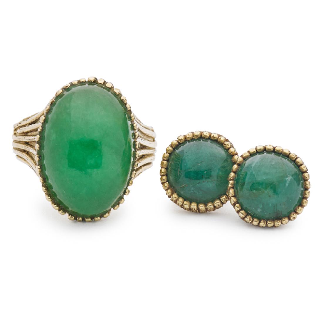 ED WIENER Jade ring and emerald earrings: ED WIENER (1918 - 1991) Fine ring and pair of cabochon studs, New York 18k gold, dyed jade, emeralds Unmarked Size 6 1/4 (with sizing bead) 12.4 dwt