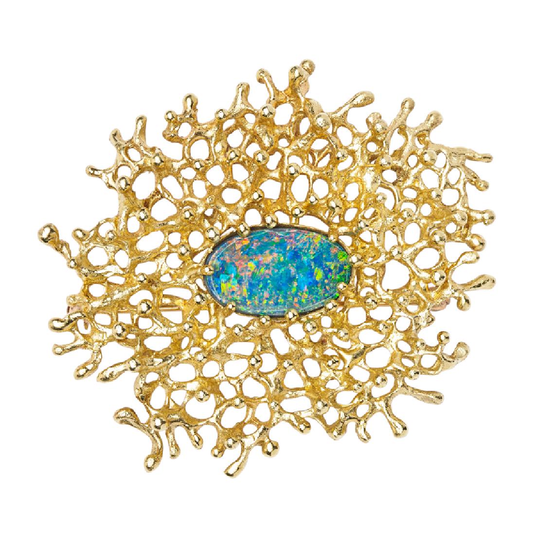 ED WIENER Fine opal brooch: ED WIENER (1918 - 1991) Fine brooch, New York 18k gold, opal doublet Stamped ED WIENER 18K 1 3/4" x 2"