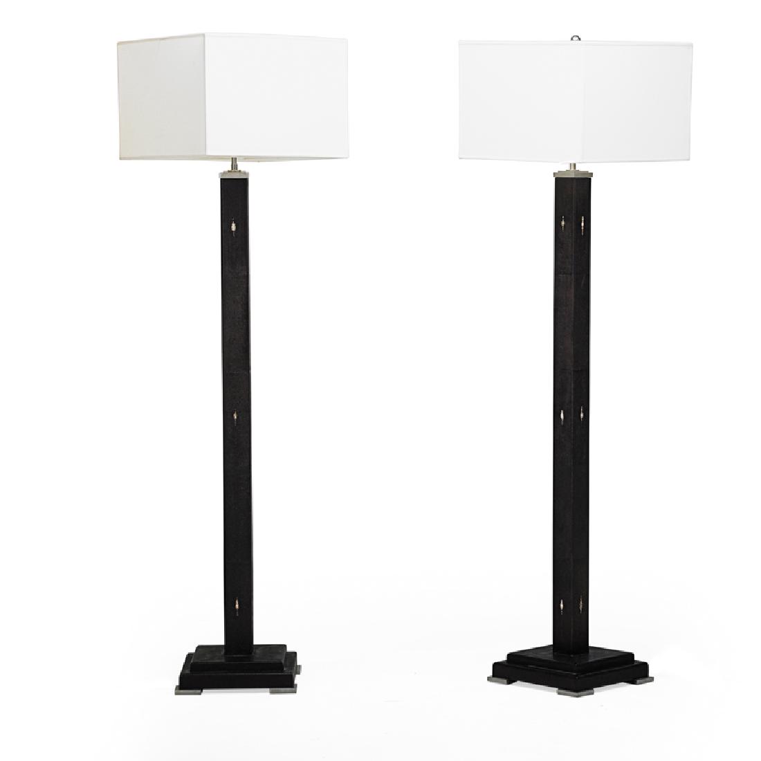 RON SEFF Pair of Mia floor lamps: RON SEFF Pair of Mia floor lamps, New York, 2000s Shagreen, polished steel, linen shades, two sockets Unmarked Overall: 63" x 16", base: 12" sq.