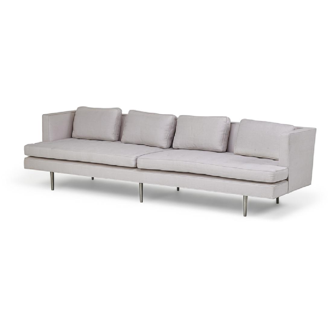 EDWARD WORMLEY; DUNBAR Sofa: EDWARD WORMLEY (1907 - 1995) DUNBAR Sofa (no. 4907A), Berne, IN, 1949 Brushed aluminum, upholstery Unmarked 31" x 108" x 36" Provenance: Wright, Modern Design, March 2010, lot 113