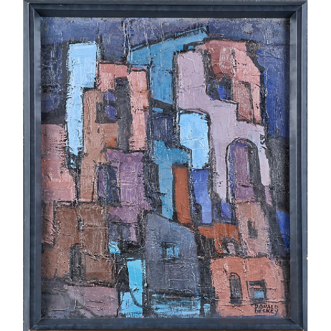 DONALD DESKEY Untitled painting #60: DONALD DESKEY (1894 - 1989) Untitled #60 (Nighttime Cityscape) (framed), USA Oil on canvas Signed Sight: 23 1/4" x 19 1/4" Provenance: Artist's family