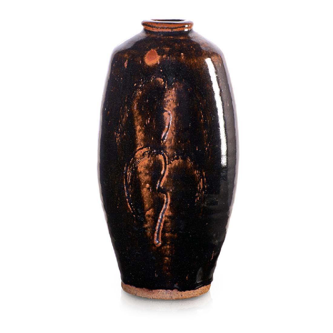 BERNARD LEACH Tall vase: BERNARD LEACH (1887 - 1979) ST. IVES POTTERY Tall vase with incised decoration, iron glaze, England, after 1920 Glazed stoneware Chop marks 13" x 6" x 5 1/2" Provenance: Sotheby's, London, November 19
