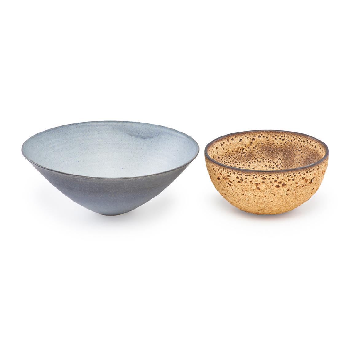 JAMES LOVERA Two bowls, one volcanic: Two bowls, grey and volcanic glazes, San Francisco, CA Glazed earthenware Larger: 3 1/4" x 8 1/2"