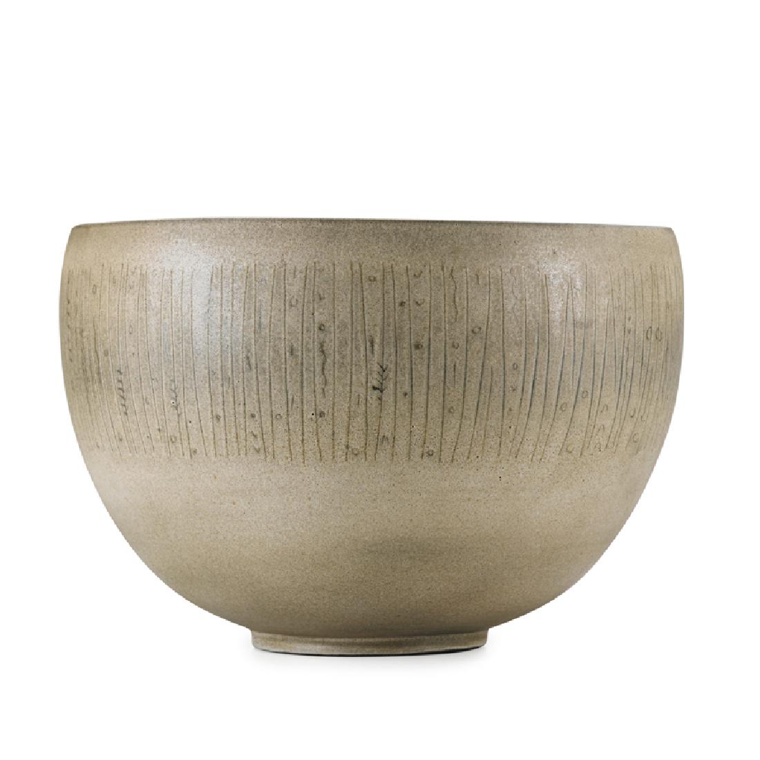 EDWIN AND MARY SCHEIER Large early bowl: EDWIN SCHEIER (1910 - 2008) MARY SCHEIER (1908 - 2007) Large early bowl with incised lines and stylized shapes, Durham, NH, 1950s Glazed earthenware Signed 7 3/4" x 11 1/4"