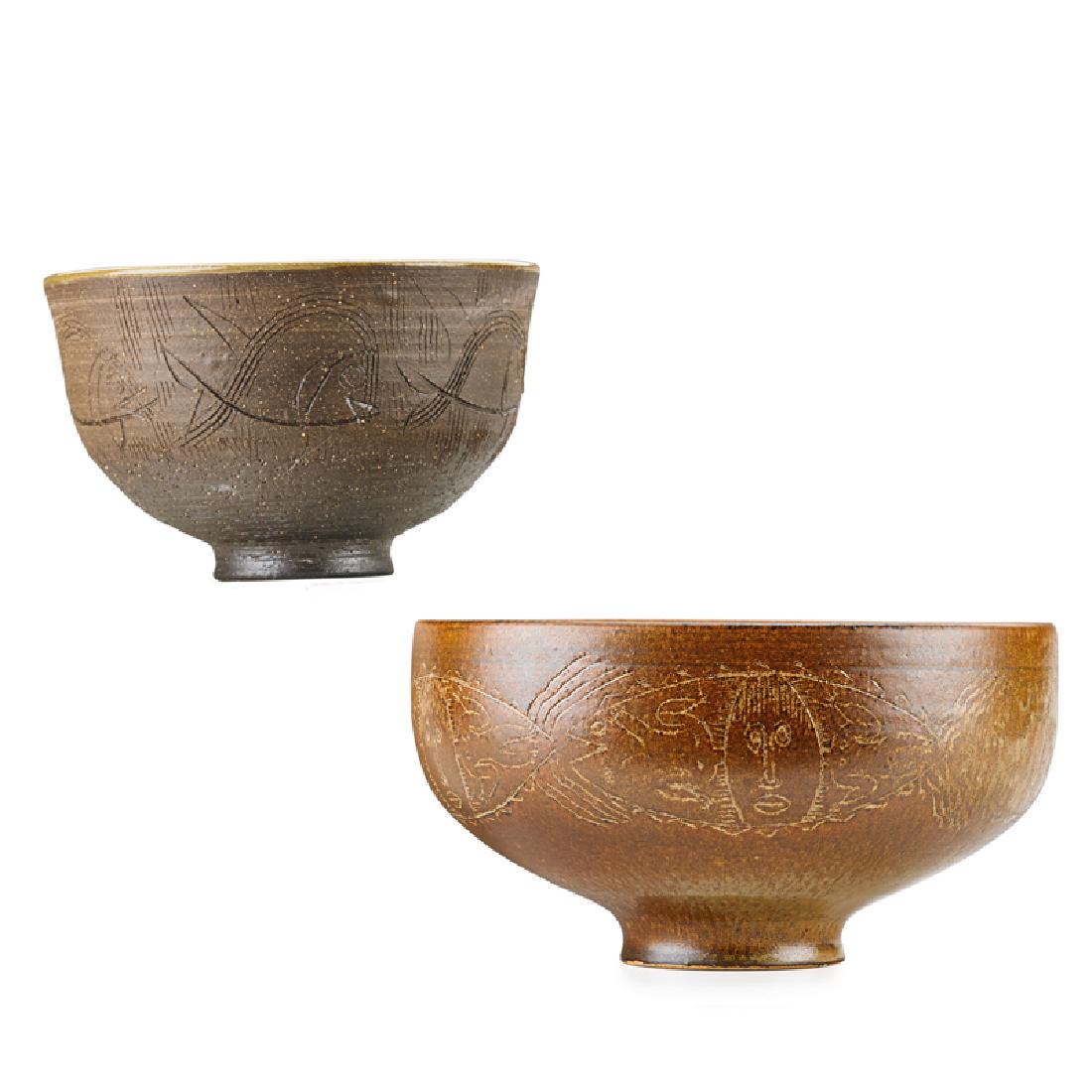 EDWIN AND MARY SCHEIER Two early bowls: EDWIN SCHEIER (1910 - 2008) MARY SCHEIER (1908 - 2007) Two early bowls with incised faces and fish, Durham, NH, 1950s Glazed earthenware Both signed, smaller also incised W 4 1/2" x 8 1/2", 4 1/4" x 7
