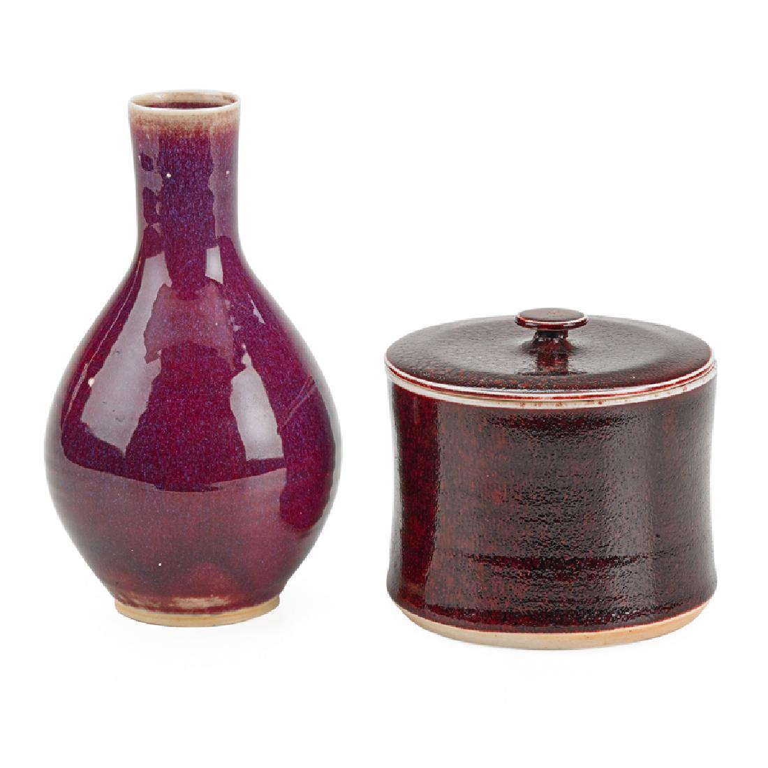 BROTHER THOMAS BEZANSON Vase and lidded vessel: BROTHER THOMAS BEZANSON (1929 - 2007) Copper Red vase and lidded vessel, Weston, VT Glazed porcelain Both signed Benedictine Monks Weston VT with ichthys symbol 6 3/4", 4"