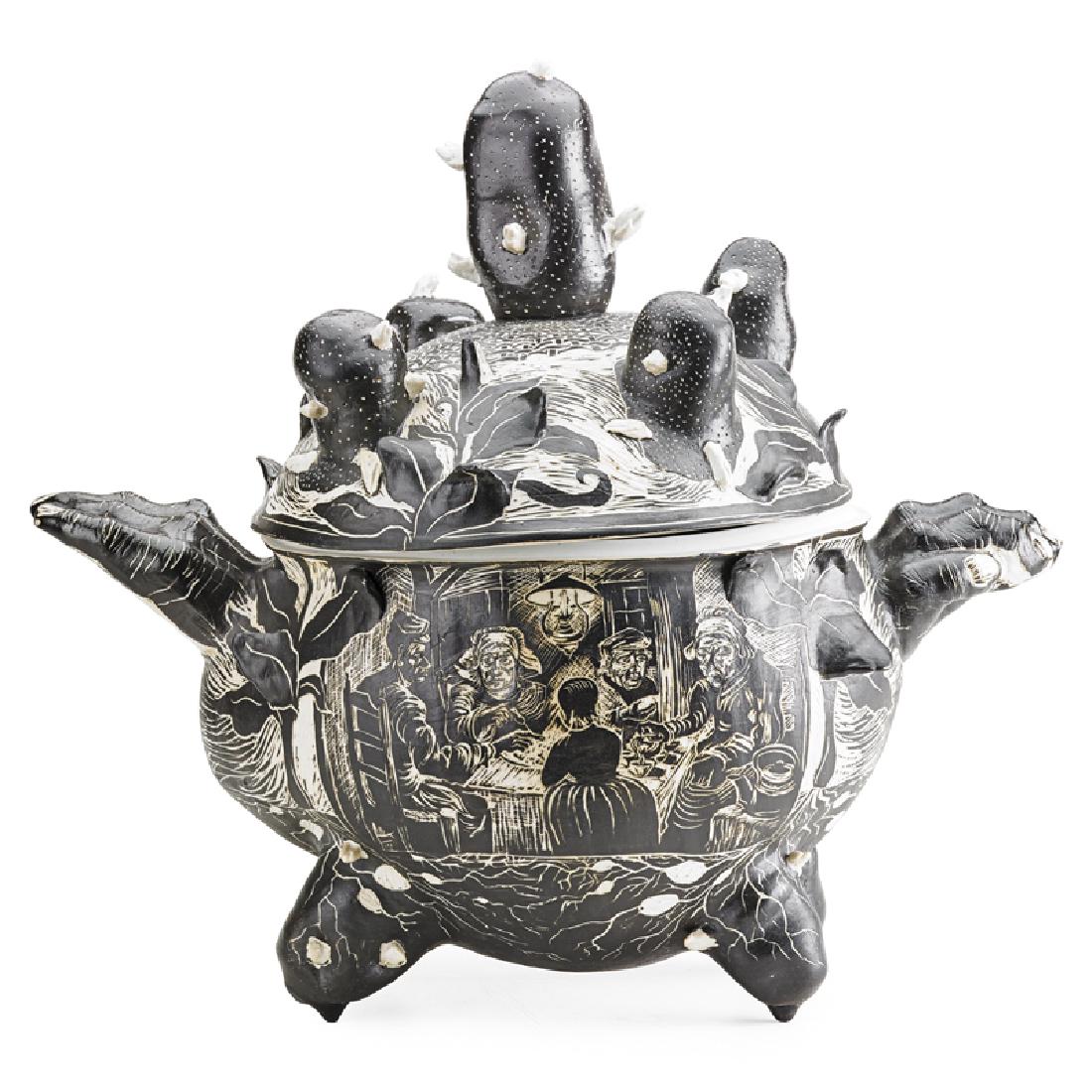 DAVID REGAN "Potato Eaters Tureen": DAVID REGAN (b. 1964) "Potato Eaters Tureen," USA, 1991 Glazed and incised porcelain Signed and dated 14 1/2" x 17 1/2" x 9" Provenance: Garth Clark Gallery Martin Davidson Collection, Bonham's, New Y