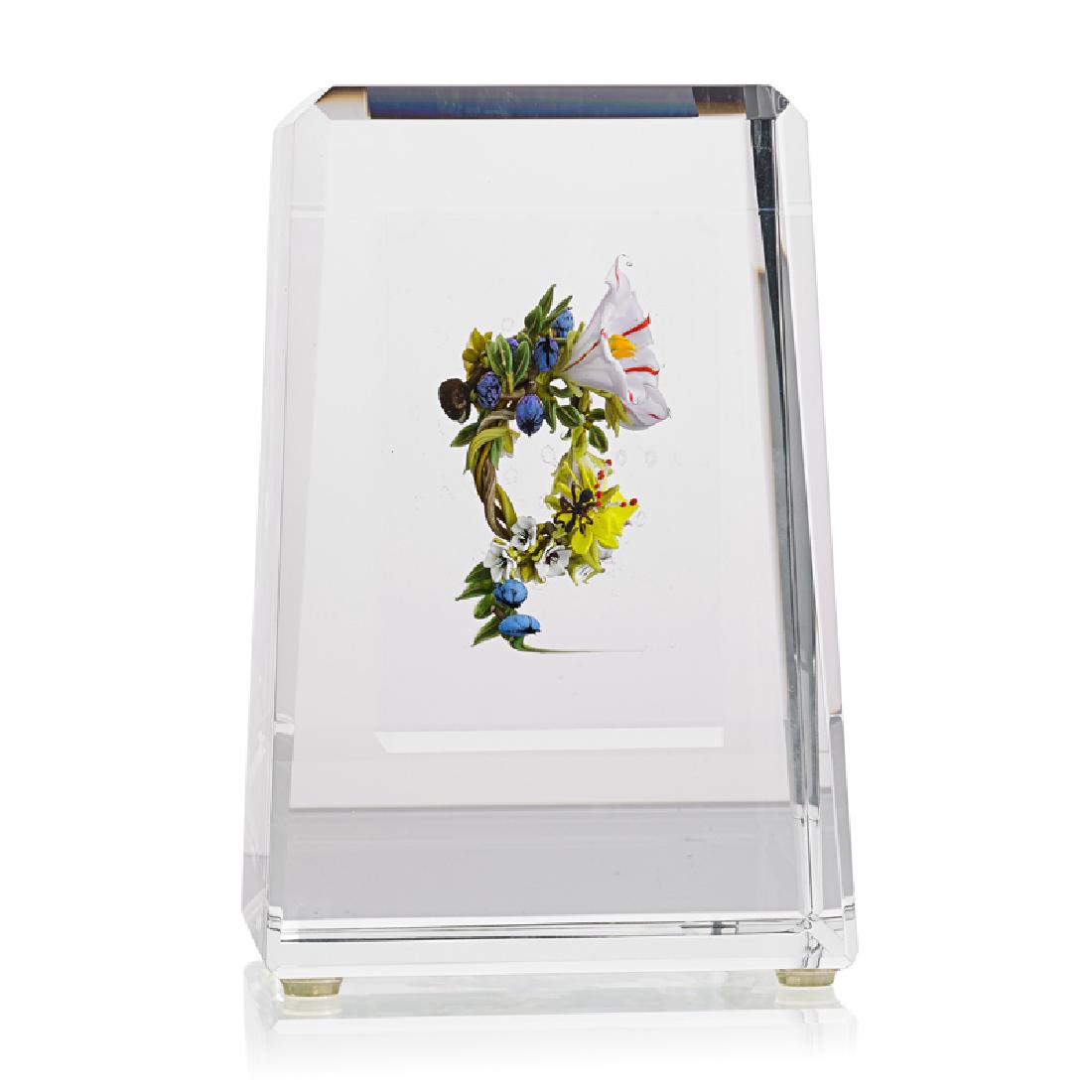 PAUL STANKARD; J. KUHN James Joyce paperweight: PAUL STANKARD (b. 1943) JON KUHN (b. 1949) Large Botanical paperweight with flowers, berries, ant, and James Joyce portrait murrina, Millville, NJ/Winston-Salem, NC Lampworked glass, polished clear gl