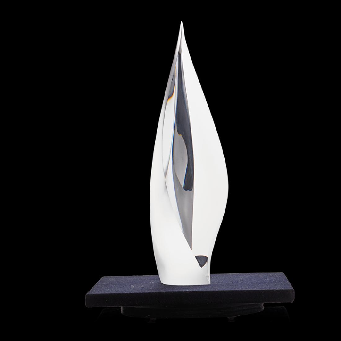 CHRISTOPHER RIES Glass sculpture: CHRISTOPHER RIES (b. 1952) Sculpture, "Iris," Pennsylvania, 1992 Cut, polished, and sandblasted optical crystal Etched signature, 6/92 with copyright Sculpture only: 12 1/4" x 5 1/2" x 3 3/4"