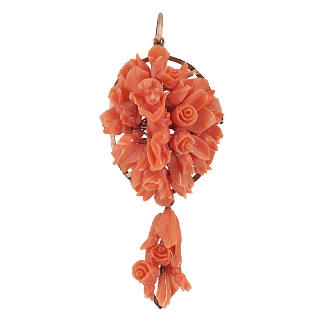 VICTORIAN CARVED CORAL & YELLOW GOLD PENDANT BROOCH (1 of 1)