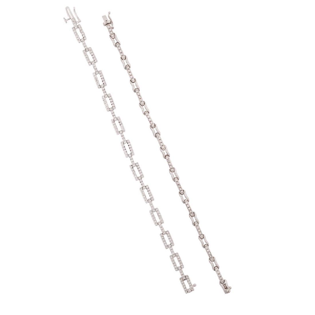 TWO DIAMOND & WHITE GOLD LINK BRACELETS: Each with lines of RBC diamonds, alternating with 18k bright white gold or rectangular 14k gold RBC diamond pave links, approx. 2.0 cts. TW throughout. 7". 15.5 dwt.