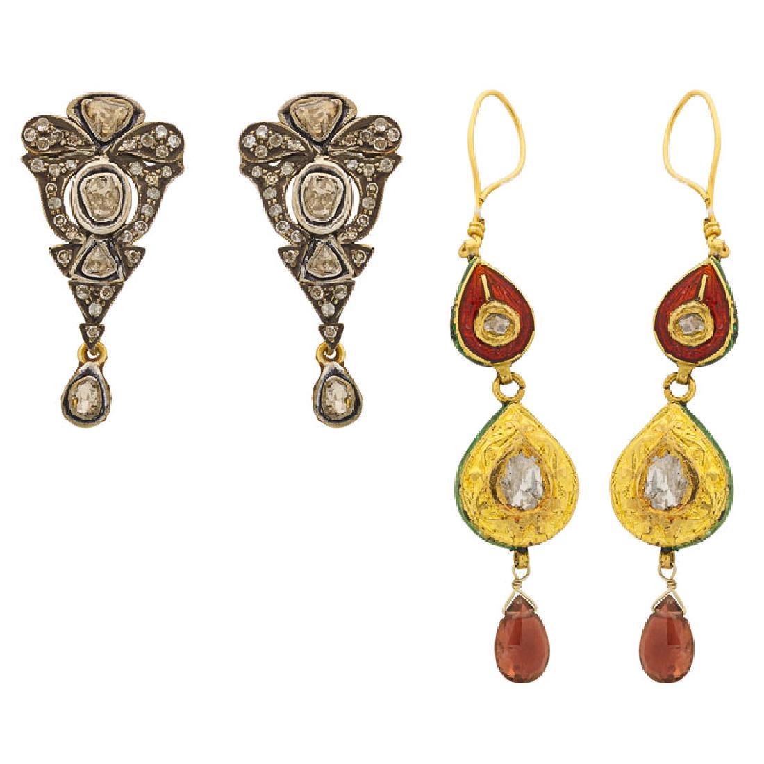 TWO PAIRS OF INDIAN DIAMOND DROP EARRINGS (1 of 2)