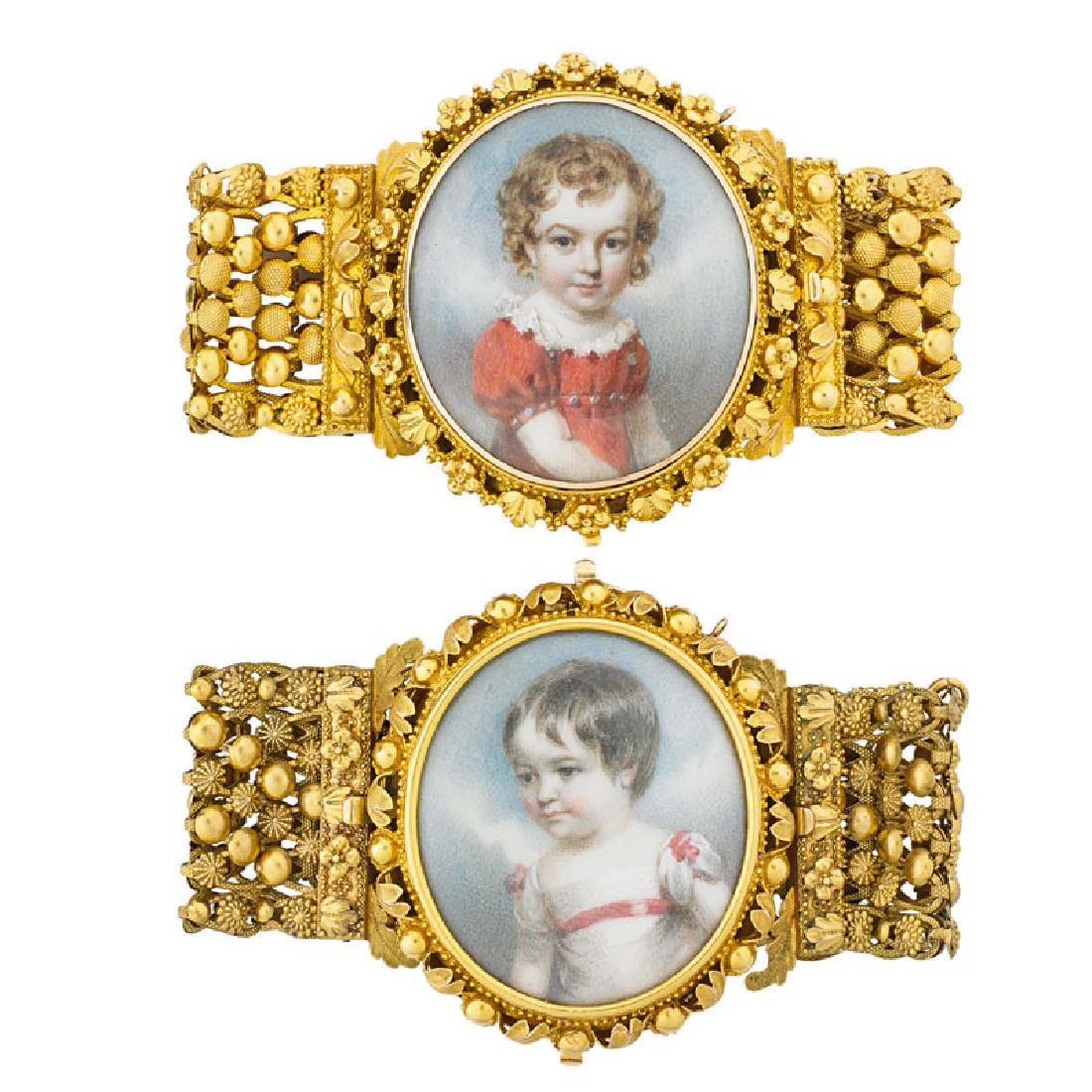 LATE GEORGIAN PORTRAIT MINIATURE YELLOW GOLD BRACELETS (1 of 10)