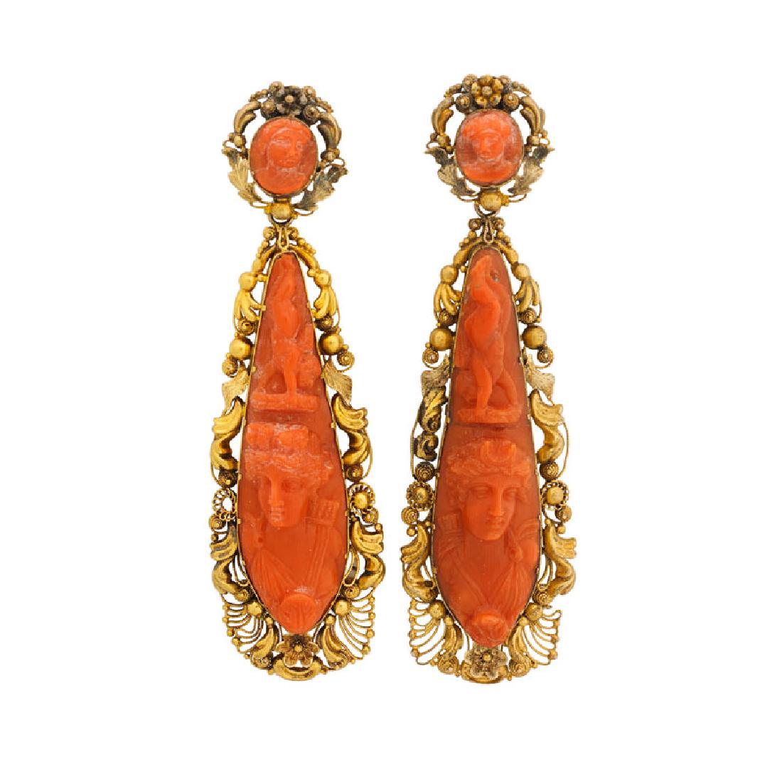 VICTORIAN CARVED CORAL & YELLOW GOLD EARRINGS (1 of 1)
