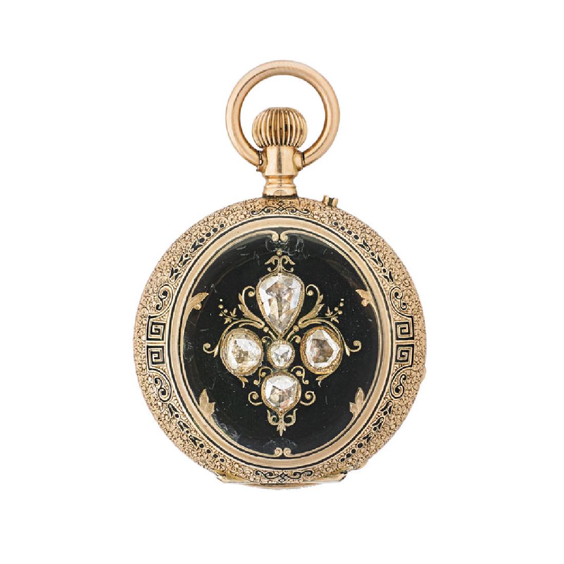 ANTIQUE ENAMELED YELLOW GOLD & DIAMOND POCKET WATCH (1 of 7)